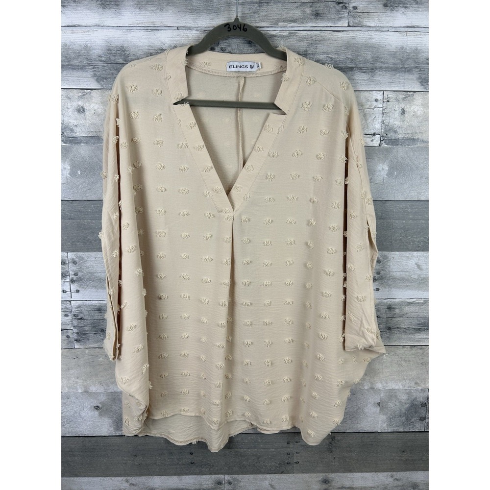 Elings Women's XL Beige V Neck Butterfly Sleeve Blouse With Accents